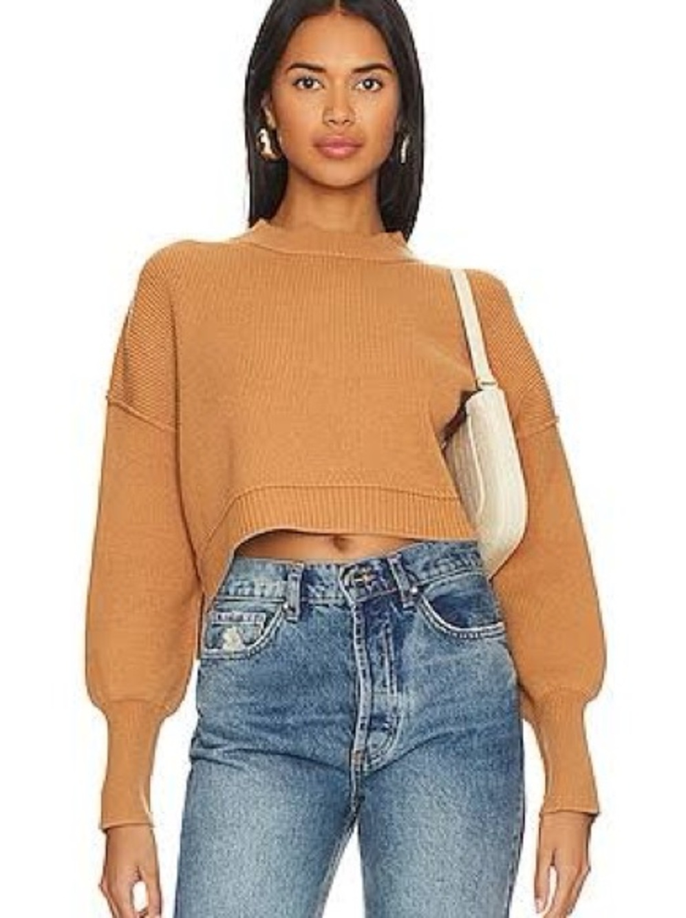 FREE PEOPLE easy street cropped knit sweater in camel / tan size XS LIKE NEW